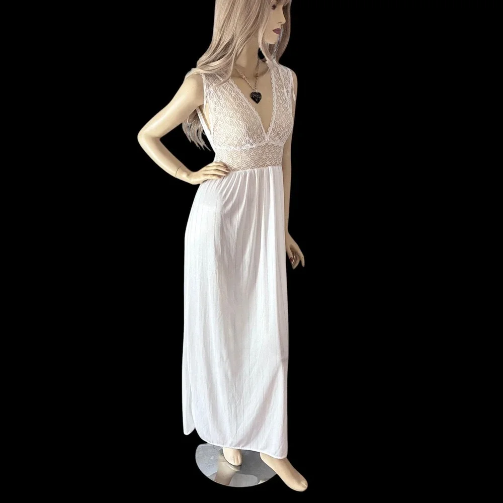 Vintage 80s White Lace Bridal Nightgown Small Deep V Sheer Bodice Maxi Gown - Picture 4 of 7